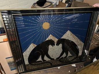 Massive Painting Of 2 Black Panthers With 3 Pyramids By Laurel Burch Signed Framed