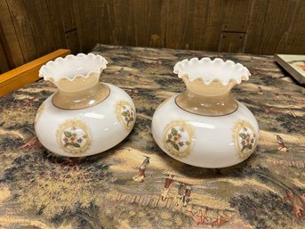 Vintage Hurricane Table Lamp Glass Shade White Floral Ruffled (Set Of 2)