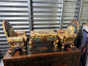 Antique Dragon Throne Chair Table Set Japanese Hand Painted Heavy Porcelain