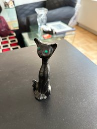 Vintage Black Siamese Cat Statue With Jeweled Green Eyes