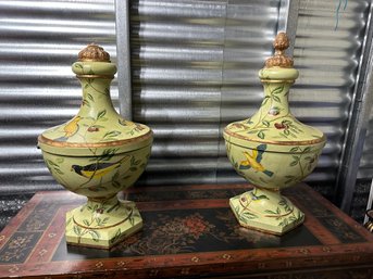 Pair Of Hand Painted Floral Urns