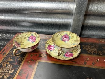 Elegant Iridescent Roses With Gold Trim Footed Teacup & Saucer Set Hand Painted