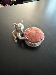 Vintage Miniature Pewter Adorable Cat Playing With Wool Figurine