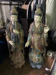 Old China Famille Rose Plaster Statues Set Of 2 Tall And Heavy