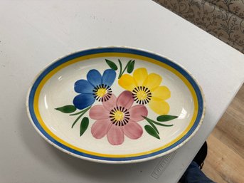 Hand Painted Blue Pink Yellow Flowers Ceramic Platter