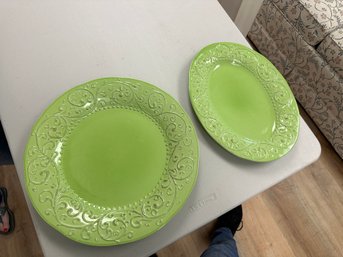 Vintage Embossed Scroll Pattern Green Dish And Platter