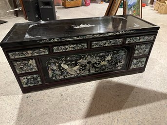 Stunning Korean Figural Mother Of Pearl Inlay Black Lacquer Low Cabinet