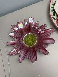 Art Glass Iridescent Pink And Yellow Sunflower Bowl