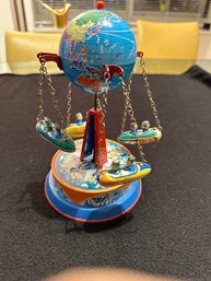 Flight Around The World Lever Wind Tin Toy Airplane Globe Carousel-Germany