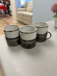 Bellini Silverplate Veracruz Porcelain Espresso Coffee Cups Set Of 3