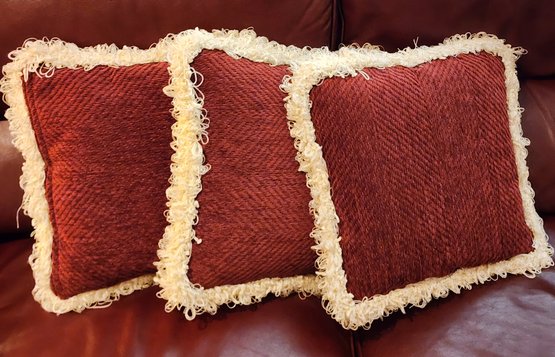 (3) Red And Cream Fringe Throw Pillows