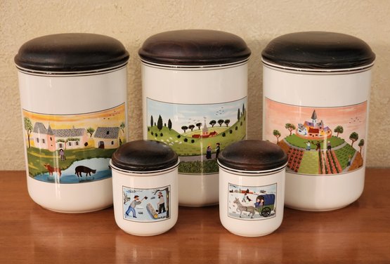 Large Set Of Large And Small VILLEROY & BACH Design Naif Porcelain Kitchen Canisters