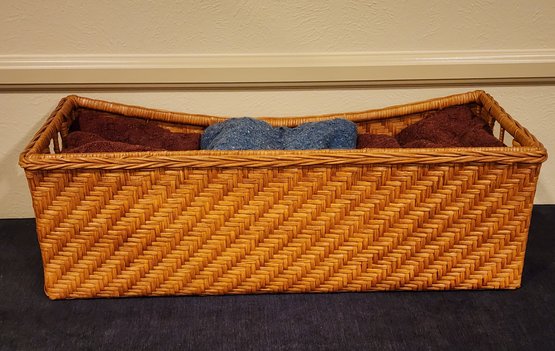 Large Woven Rattan Basket With (3) JC PENNY Throw Blankets