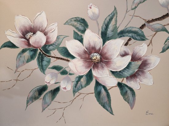 Huge SIGNED Folk Art Flower Oil Painting