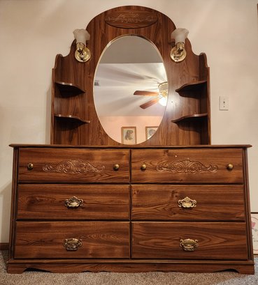 Vintage Pressed Wood Dresser With Mirror And Lights