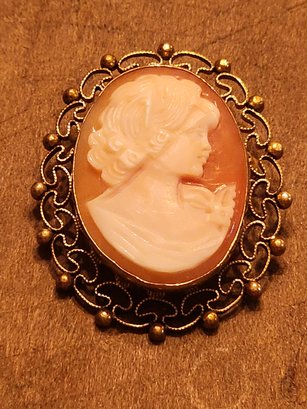Vintage VAN DELL 14k YELLOW Gold Plated Cameo Brooch Pendant Pin #A18