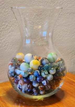 Vintage Assortment Of Marbles Inside Clear Glass Vase