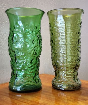 (2) Mid Century Modern Green Glass Vase Vessels