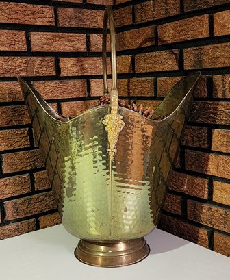 Vintage Large Solid Hammered Brass Bucket With Handle