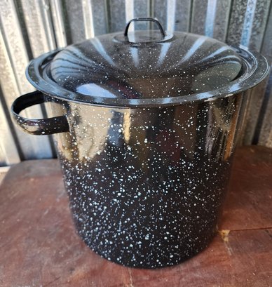 Vintage Large Speckled Enamel Stock Pot With Lid