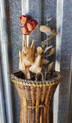 Vintage Tall Woven Basket With Artificial Floral Arrangement