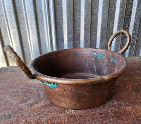Antique Hand Wrought Copper Riveted Pan With Handles