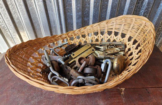 Assortment Of Vintage Hardware And Woven Basket