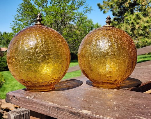 (2) Mid Century Modern Amber Crackle Glass Lamp Globes