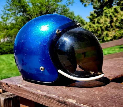 Vintage Blue Motorcycle Helmet With Bubble Face Shield