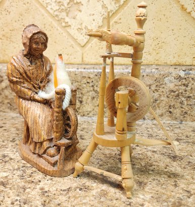 Vintage Set Of Handmade Wooden Decorative Figures Loom Fabrics