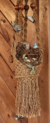 Vintage Mid Century Modern Hanging Flower Basket With Bird Figure Accents