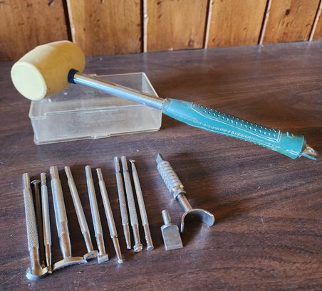 Assortment Of Leather Punch Tools And Rubber Mallet