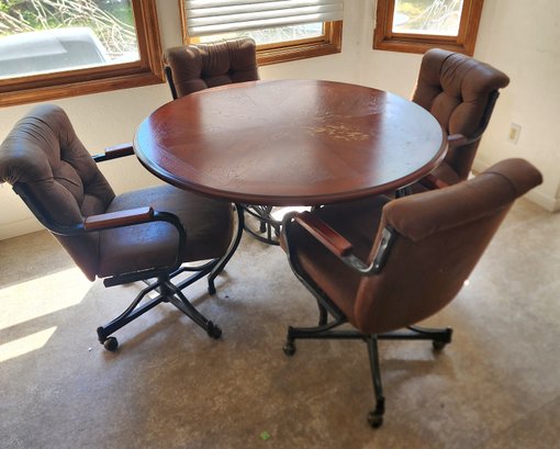 Vintage Wooden Table And (4) Upholstered Chairs With Wheels