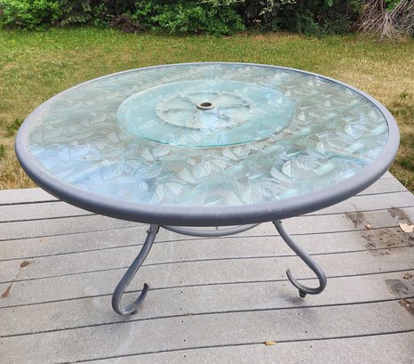 Outdoor Glass Top Etched Table With Lazy Susan Style Feature