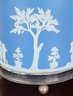 ANTIQUE WEDGWOOD BLUE JASPERWARE BISCUIT JAR SILVERPLATE LID & FEET MARK W