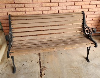 Vintage Wood Slat And Metal Base Outdoor Bench