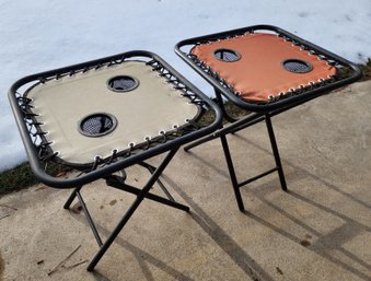 (2) Folding Patio Or Outdoor Lounge Tales With Cup Holders