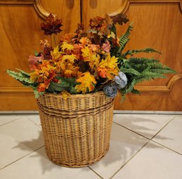 Vintage Woven Wicker Basket With Artificial Flower Arrangement