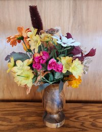 Vintage Heritage Myrtlewood Vase With Artificial Flower Arrangement