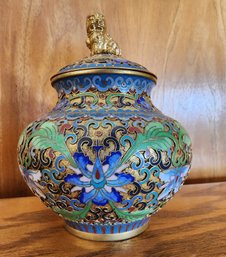 Stunning Vintage Cloisonne Enamel Vessel With Lion Accent Lid