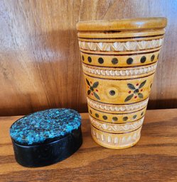 Ornate Hand Carved Wooden Cup And Decorative Trinket Box