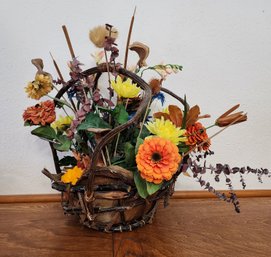 Vintage Wood Branch Style Decoratove Basket With Artificial Flower Arrangement