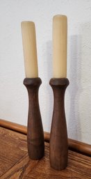 Set Of Vintage Wooden Mid Century Modern Candle Holders With Candles