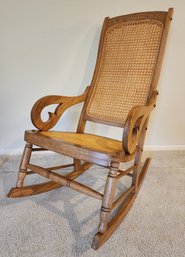 Vintage Wooden Rocking Chair With Woven Wicker Accent