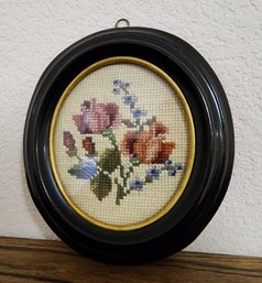 Antique Wooden Oval Frame With Vintage Floral Needlepoint