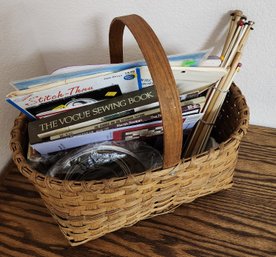 Large Vintage Basket With Handle And Assortment Of Sewing, Needlepoint And Crochet Accessories