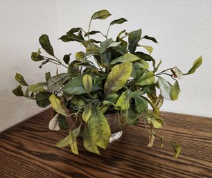 Vintage Silver Tone Bowl Pot With Artificial Large Plant