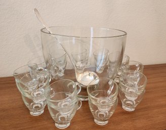 Large Glass Punch Bowl With (22) Matching Glasses And Silver Plated Serving Spoon