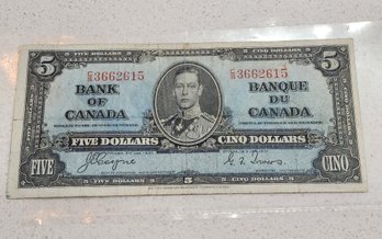 Vintage 1937 CANADA Five Dollar Bill