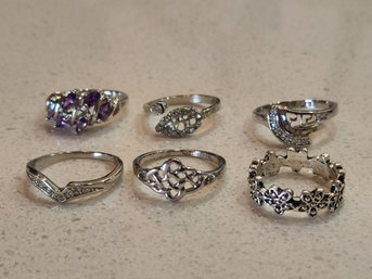 Assortment Of (6) Costume Jewery Silver Tone Rings